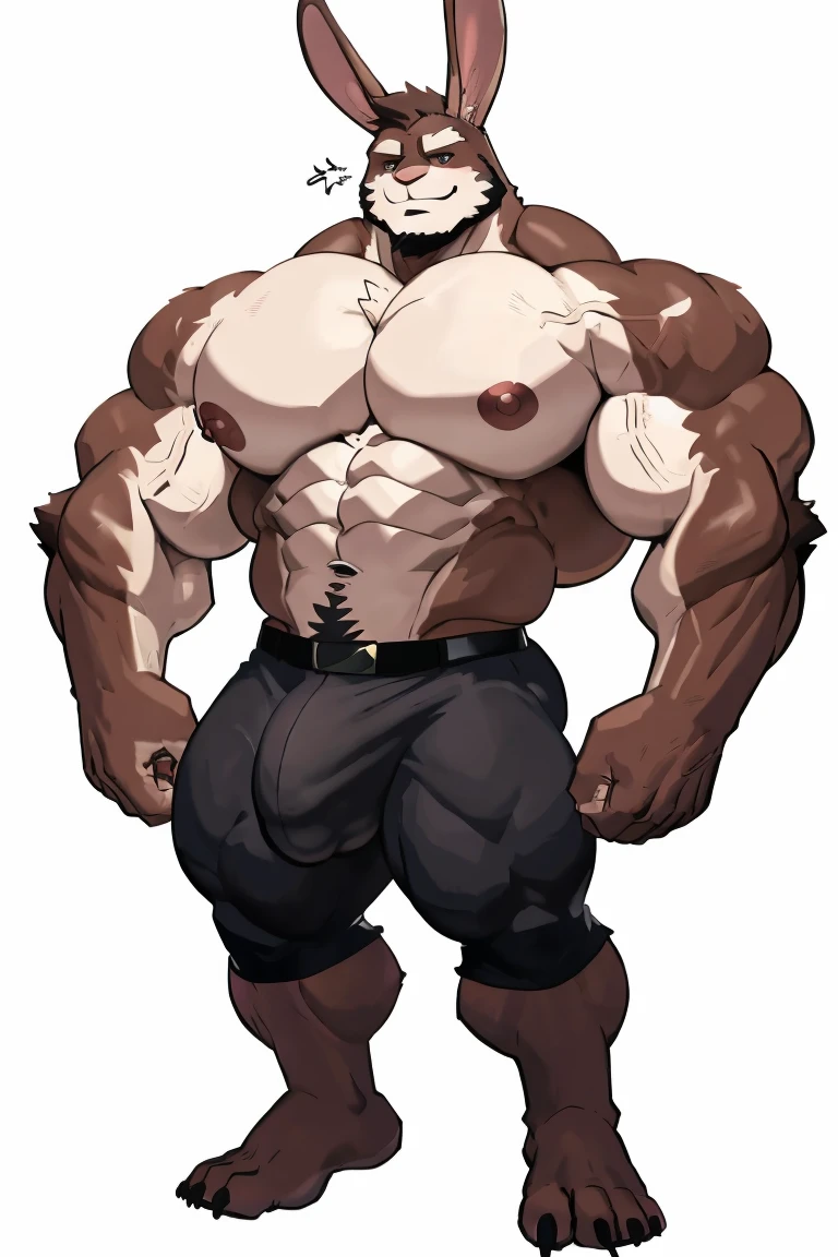rabbit man, exaggeratedly muscular, detailed eyes, prominent and dilated veins, alpha male, huge pecs (huge: 3.0), sensual expression, nicebulge, sexy pose, full body, (white background).