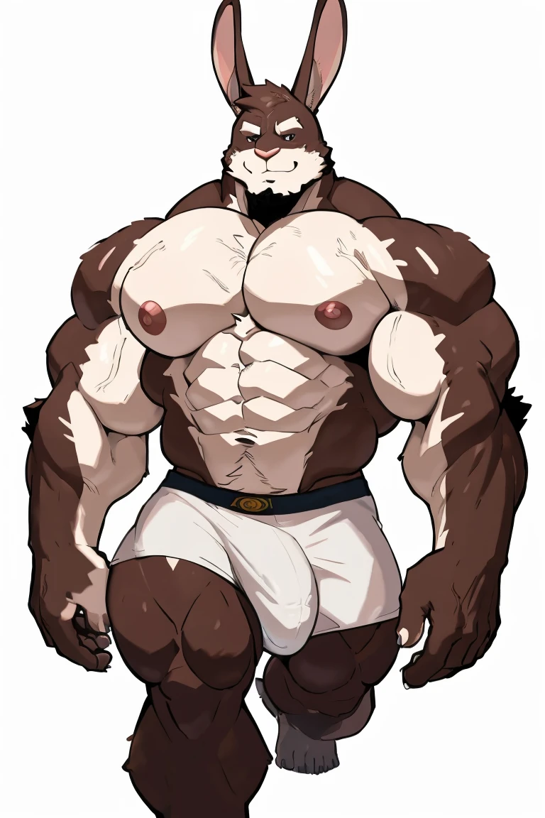 rabbit man, exaggeratedly muscular, detailed eyes, prominent and dilated veins, alpha male, huge pecs (huge: 3.0), sensual expression, nicebulge, sexy pose, full body, (white background).