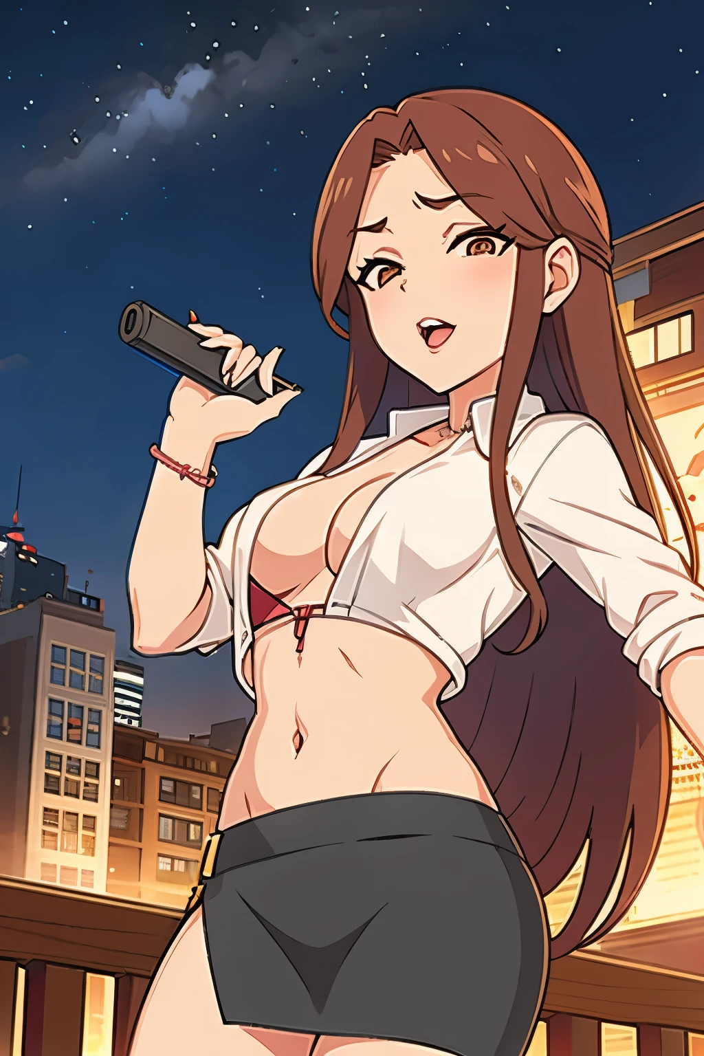 Brown Hair, Small breasts, 1girl, 独奏, large breast, blush, lipstick, outdoors, rooftop, cityscape, building, railing, night, night sky, scenery, city lights, masterpiece, best quality, highly detailed, a girls with a gun, open mouth, blazer, sexy gaze, (nsfw) not
safe for work, badass pose , evil smile, smile, black bra, anime girl with long hair, long haired girl,
navel, evil expression, exposed belly, exposed navel, exposed midriff, exposed lower belly, micro
miniskirt, micro pencil skirt, pencil skirt ,holding a gun