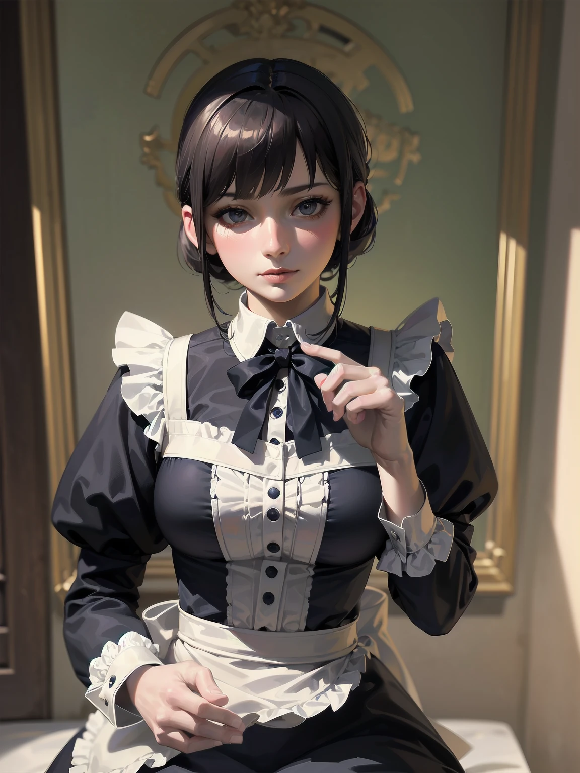 (Highest quality、16K、masterpiece、Ultra-high resolution、Victorian era、Photorealistic:1.2)、Maid Lady、solo、One person、Beautiful and detailed、202Perfectly detailed illustrations created by master anime illustrators of the 4th generation、Cool Beauty、Heroine's Attributes、Artistic shading、Perfect Face、Detailed portrait、