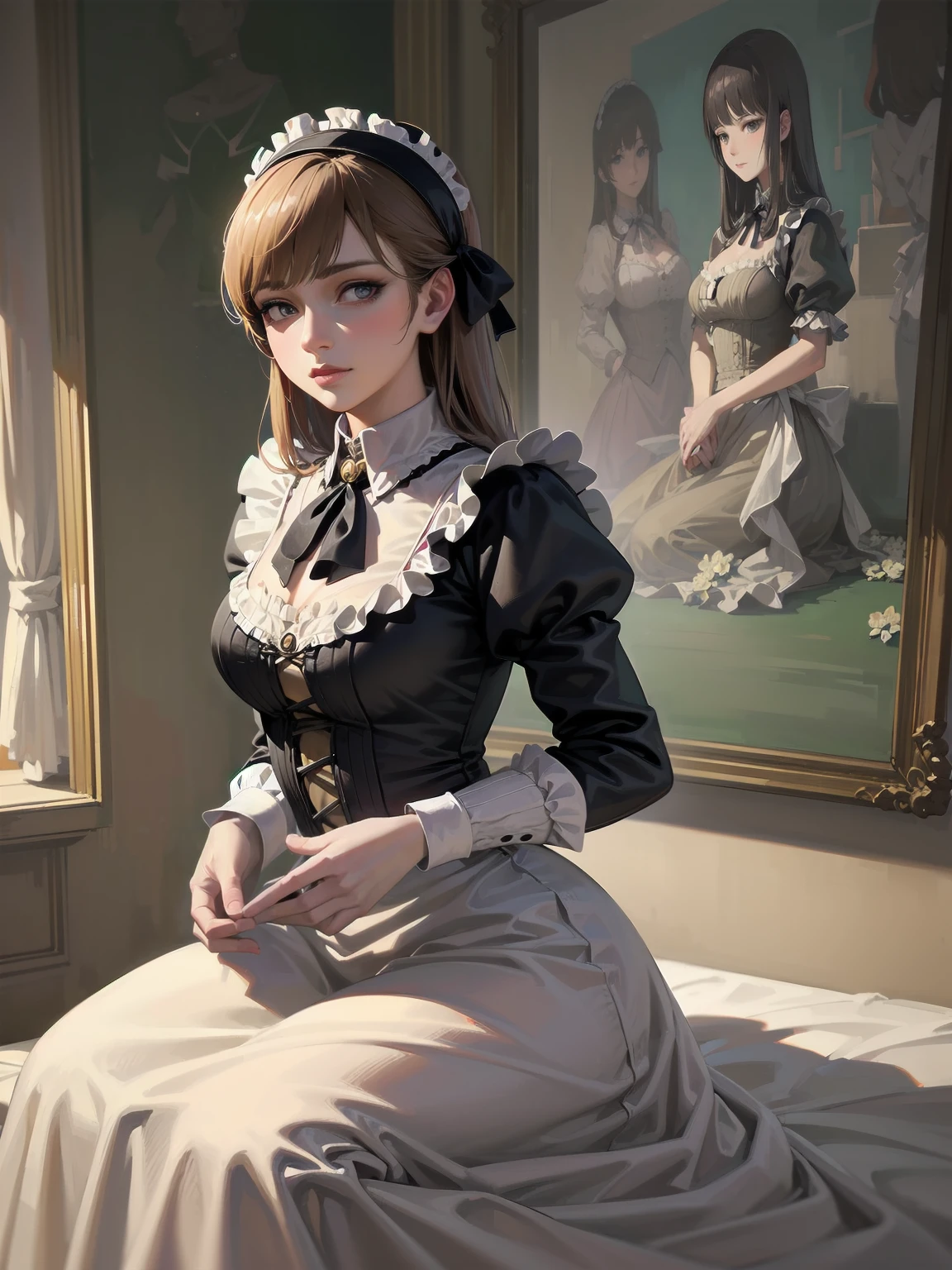 (Highest quality、16K、masterpiece、Ultra-high resolution、Victorian era、Photorealistic:1.2)、Maid Lady、solo、One person、Beautiful and detailed、202Perfectly detailed illustrations created by master anime illustrators of the 4th generation、Cool Beauty、Heroine's Attributes、Artistic shading、Perfect Face、Detailed portrait、