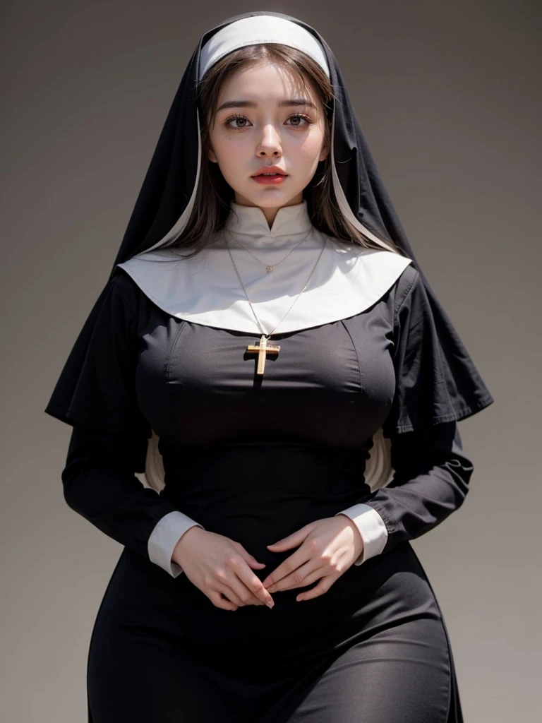 ((Best Quality, 8K, Masterpiece:1.3)), (Large Breasts:1.3), (Huge Breasts:1.3), Reality, (Detailed:1.4) A woman with black dress and black head cover posing at the Crouch, nun uniform, nun, standing, beautiful woman, cross necklace, a woman with eyes shadow and double eyelids, detailed face, perfect body, nice thigh, thick thigh, nice booty, perfect butt, 1girl, beauty earing, beautiful alluring woman, maya fey from ace attorney, seductive girl, beautiful alluring girl , attractive girl, UHD, Ultra Realistic, extremely detailed, tfft, curvy, kiara, Body, Chubby, 12, Belly
