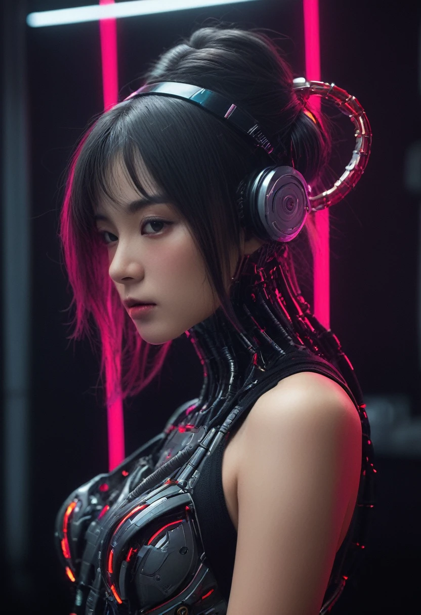 (nsfw:1.2), (masterpiece, Best Quality, hyper Realistic:1.6),
BREAK
A beautiful, sexy young woman, an Instagram model, with high detail, looking happy. Posed in a wide-angle, gravure style with her arms behind her head, and her full body in the frame. She has a very slim waist, perfectly balanced soft, large breasts with noticeable cleavage, large buttocks, and long, beautiful legs. She is dressed in glamorous clothing that highlights her sculptural beauty. Her realistic soft skin has a silky, slightly oily texture. She has a small head, detailed facial features, and eyes, with a cute, pretty slim face, a half-open duck mouth, and perfect teeth. Her gray hair is neatly arranged, and she is looking directly at the viewer. She is wearing detailed black sexy cyber gear with soft textures and a minimalistic beauty, including advanced technical sneakers. Her stance is harmonious.
She is in a dimly lit room with brilliantly glowing white neon lights. The setting is the interior of a futuristic colony, with mist drifting and steam rising from the concrete.