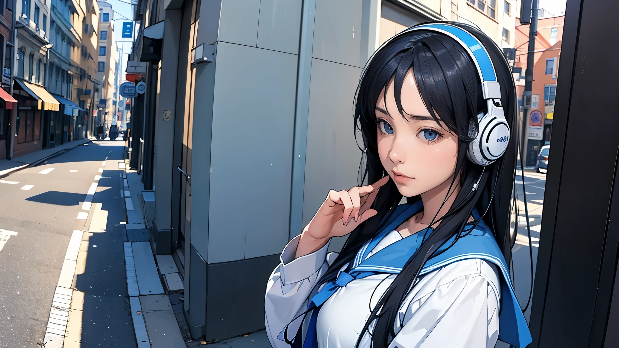 ultra HD、super high quality、masterpiece、detailed、8K、The location is on a quiet city street、Schoolgirl1Person listening to music on headphones、15-year-old high school girl、The Russian has long black hair.、Has blue eyes、Has a glamorous figure、The clothes she's wearing are one-piece dresses.、Pretty sexy、Nostalgic and relaxing atmosphere、Midnight、Holding an umbrella、Rainy season、downpour、A business district lined with glittering neon buildings,evening、He has his hands on his headphones and his eyes closed、Retrospective color tone、A street with a retro atmosphere、evening、