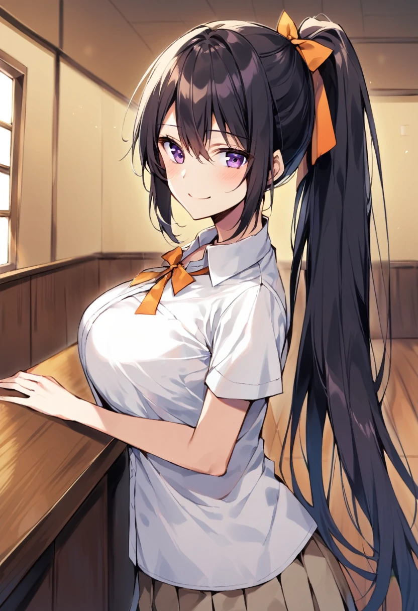 sysdeep_akeno, 1girl, solo, long_hair, looking_at_viewer, smile, large_breasts, shirt, black_hair, ribbon, hair_between_eyes, very_long_hair, school_uniform, purple_eyes, hair_ribbon, white_shirt, ponytail, short_sleeves, indoors, neck_ribbon, high_ponytail, v_arms, orange_ribbon,