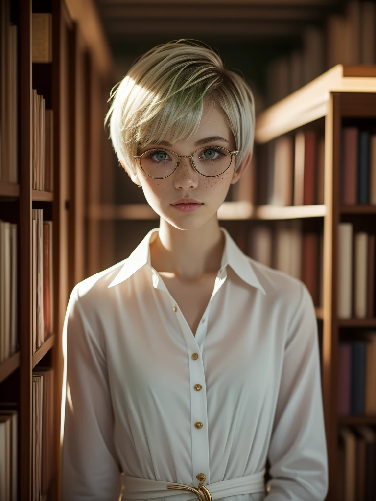 1girl, elegant bearing, small, slender build, short height, narrow shoulders, pale skin dotted by freckles, short platinum blonde hair, (((pixie cut hairstyle))), (((boyish hair))), (dark green eyes), silver glasses, cute facial features with an underlying elegance, thin lips, small breasts, youthful teen girl, RAW photo, ((slim body: 1)), (HQ skin: 1.4), 8k uhd, soft light, high quality, ((school uniform, white dress shirt, gold accents, (looking at viewer:1.4), library