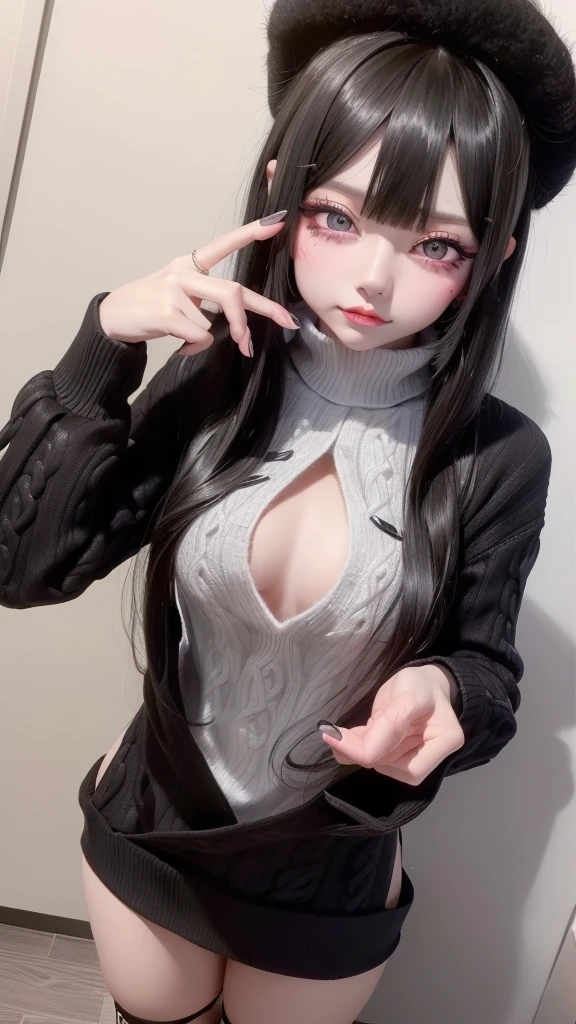 Highest quality、8K、32k、masterpiece、Hmph:1.2)、One Girl、One Girl、Black-haired、Heavy bangs、Chest-length hair、Focus on the face、Focus on the face、(jirai makeup:1.3, Virgin killer sweater:1.5, 頭から足まで:1.5)