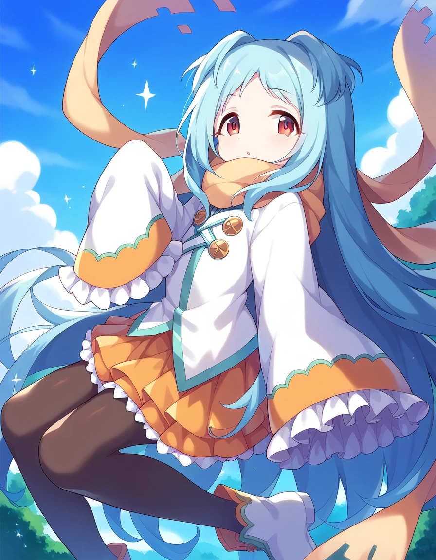 miyako \(princess connect!\), very long hair, blue hair, two side up, parted bangs, red eyes, eyebrows visible through hair, white jacket, white shirt, wide sleeves, long sleeves, sleeves past wrists, sleeves past fingers, frilled sleeves, brown scarf, yellow scarf, pleated skirt, orange skirt, yellow skirt, frilled skirt, layered skirt, miniskirt, pantyhose, black legwear, boots, white footwear