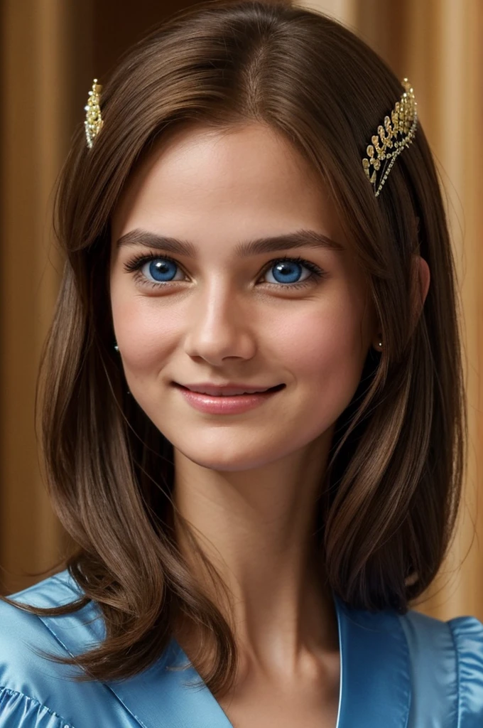 Generates a granddaughter of Lady Di smiling with tiara, small and thin nose, with short, LIGHT BROWN hair (she has to look a lot like Lady di with BLUE eyes)