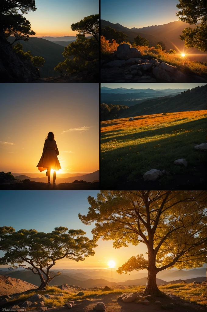 ### Elementos visuais:

1. **center image:**
   - **madrugada/sol nascente**
   - **Silhouette of a Person on a Mountain or Hill**
   - **Tree Growing**

2. **colors:**
   - **orange tones, yellow and gold**
   - **Soft Blue and Green**

3. **Texture and Style:**
   - **Clean and Modern Style**
   - **natural elements (Sheets, flowers, landscapes)**