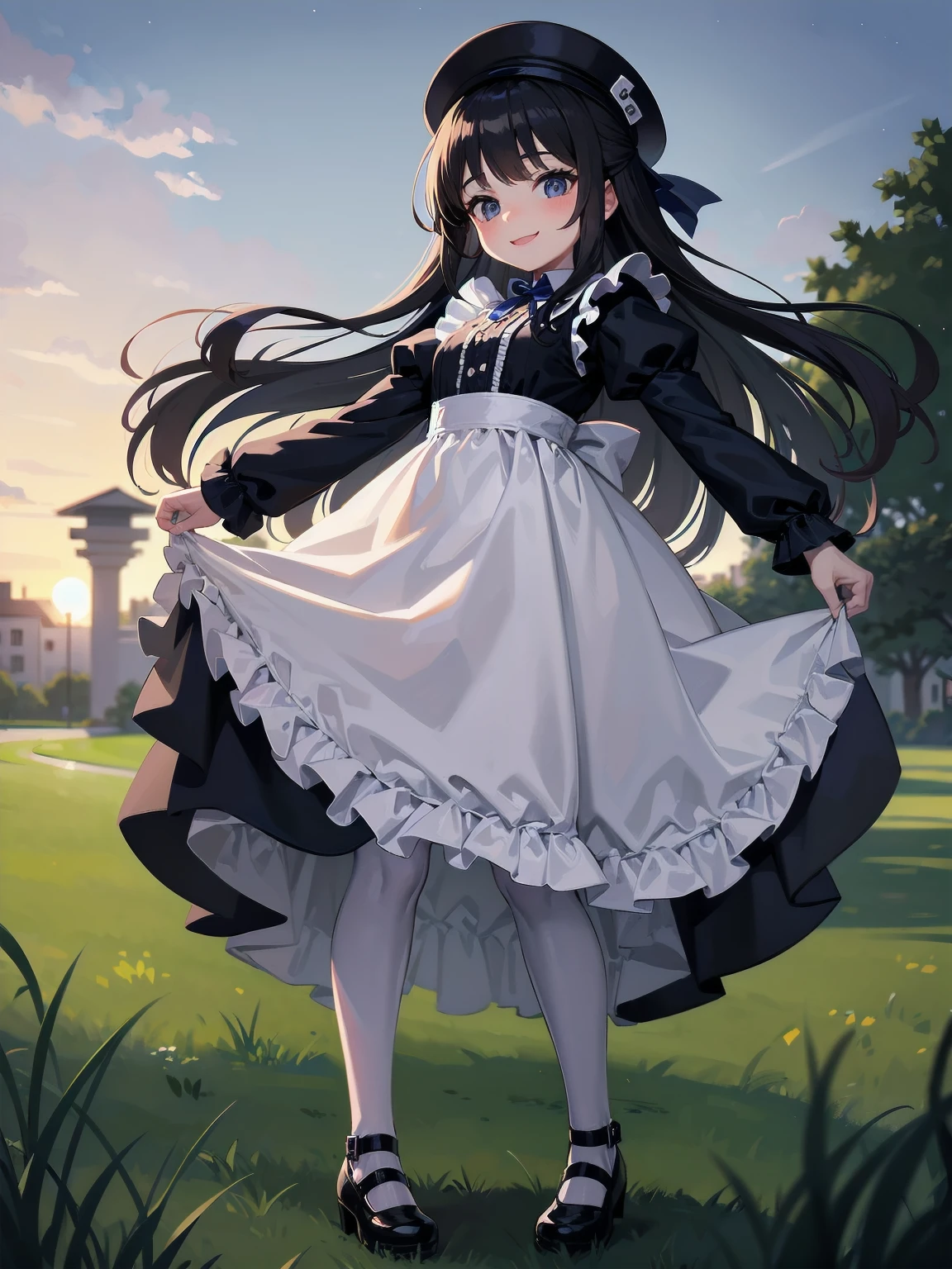 A serene outdoor scene unfolds at dusk, with a brilliant blue sky transitioning into a canvas of twinkling stars. A beautiful young girl, dressed in a stunning white and black gothic maid dress adorned with a navy blue ribbon, stands amidst lush green grass. Her companion, a delightful ddler, dons a charming maid hat with ruby accessories, complemented by black stockings and shoes. The line beams with joy, smiling brightly as they gaze up at the celestial display together