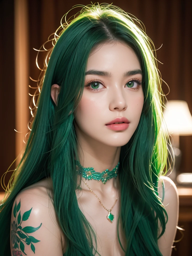 1girl, alone, solitary, high quality, (best quality,4k,8k,highres,masterpiece:1.2),ultra-detailed,(realistic,photorealistic,photo-realistic:1.37),gorgeous hair,red hair,red long curly hair with bangs,sharp eyes,mole under the eye,plump lips,jewelry,(high detailed skin:1.4),(rim lighting:1.3),(lit:1.3),(sunny day:1.3),portrait,beautiful lips,waist-length hair,seductive gaze,moles,casual clothes,colorful clothing,close up,super long hair,choker necklace,tattoos,tattooed,light eyes,bangs,fringe,20 year old,dimples on the cheeks,dimples,emerald green hair,sharp eyebrows,greenhair,green,emerald green hair,bright green hair,lace,elegant