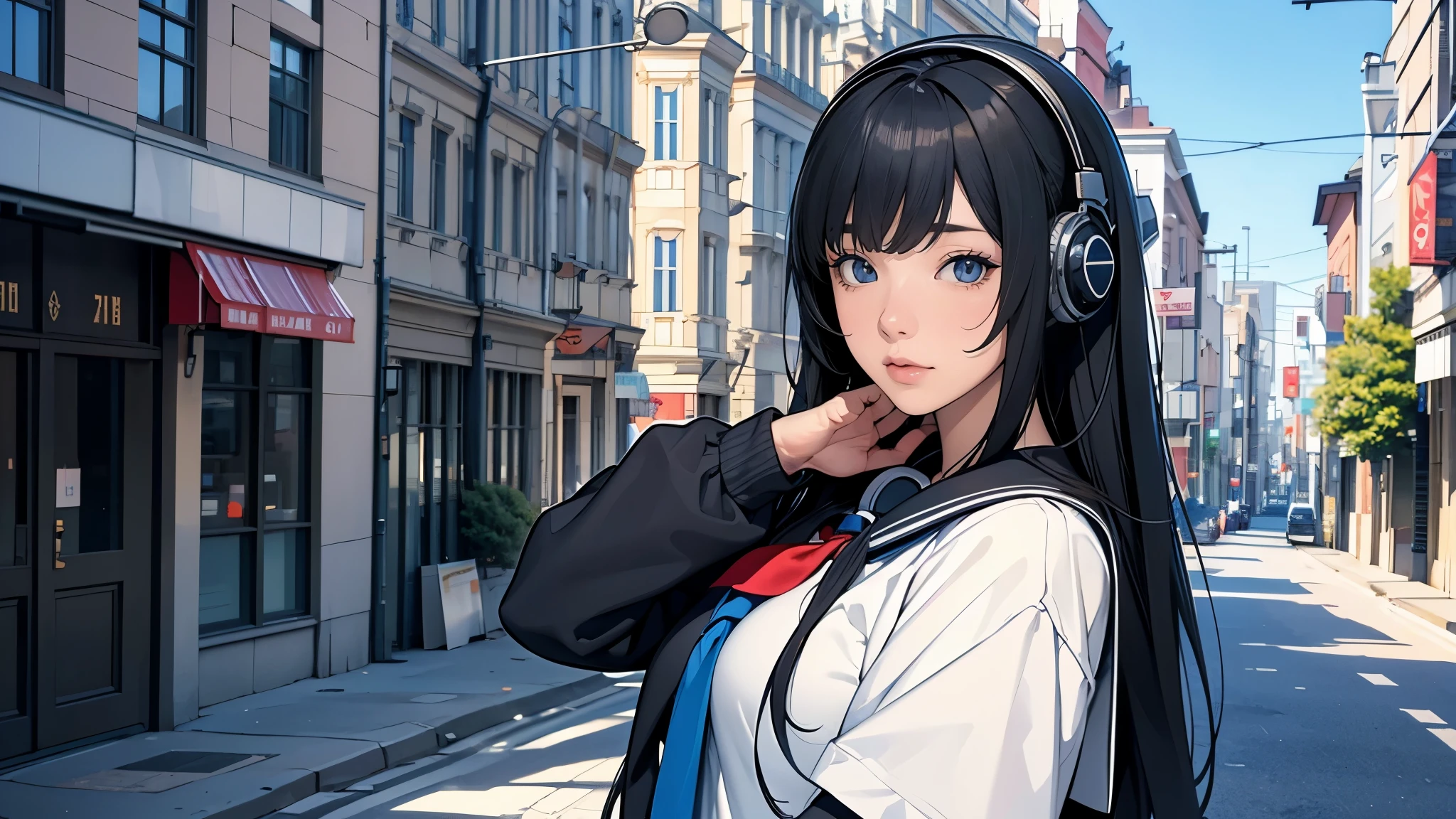 ultra HD、super high quality、masterpiece、detailed、8K、The location is on a quiet city street、Schoolgirl1Person listening to music on headphones、15-year-old high school girl、The Russian has long black hair.、Has blue eyes、Has a glamorous figure、The clothes she's wearing are one-piece dresses.、Pretty sexy、Nostalgic and relaxing atmosphere、Midnight、Holding an umbrella、Rainy season、downpour、A business district lined with glittering neon buildings,evening、He has his hands on his headphones and his eyes closed、Retrospective color tone、A street with a retro atmosphere、evening、