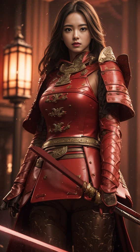 ((masutepiece))), ((Best Quality)), ((ultra-detailliert)), (Surreal), (High Definition CG Illustration), Cinematic Light, Realistic, Very beautiful young lady, Sexy, Big breasts, Light makeup,, Intricate details EABA, red cloak, spear