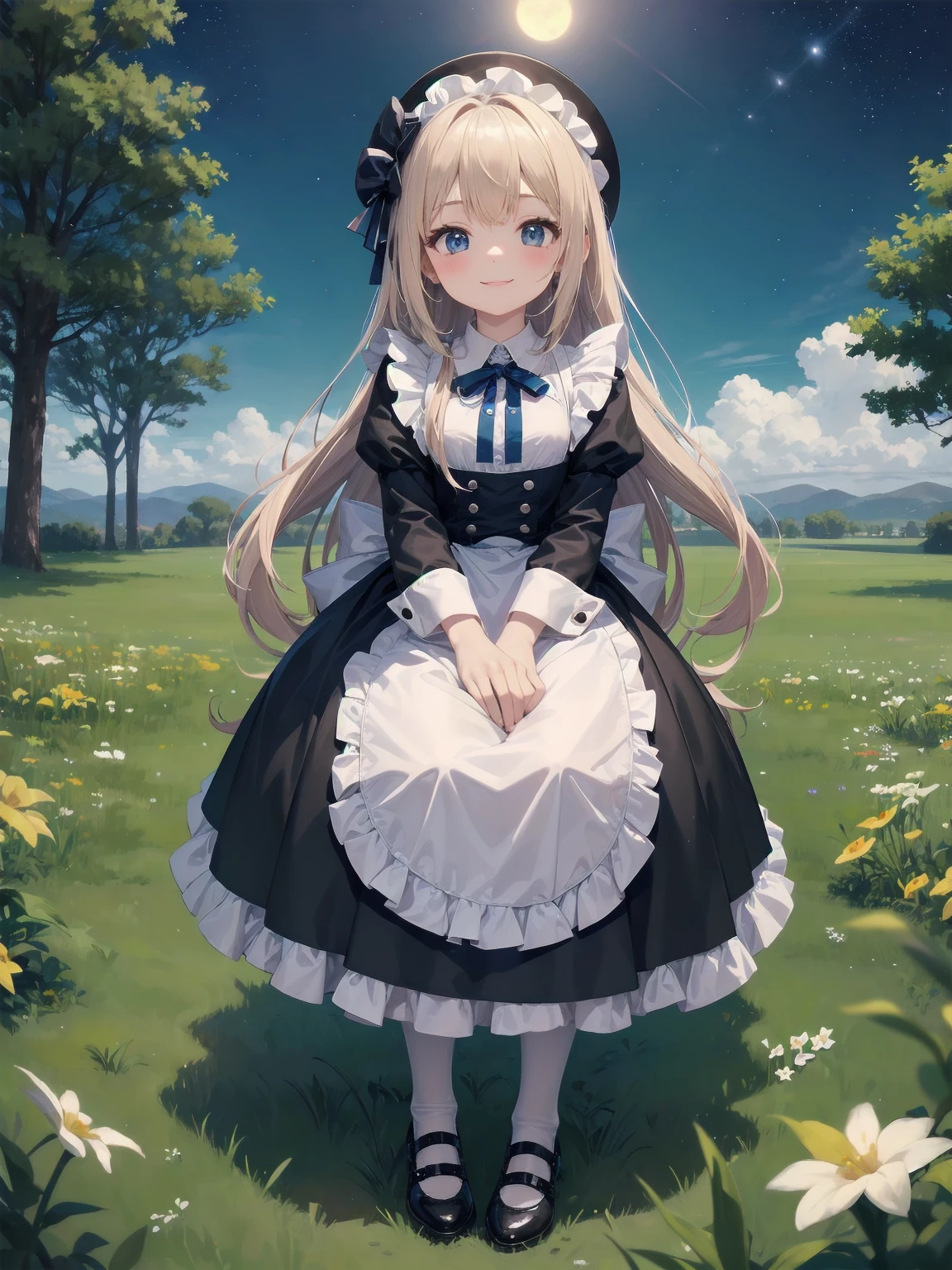 A serene outdoor scene unfolds at dusk, with a brilliant blue sky transitioning into a canvas of twinkling stars. A beautiful young girl, dressed in a stunning white and black gothic maid dress adorned with a navy blue ribbon, stands amidst lush green grass. Her companion, a delightful toddler, dons a charming maid hat with ruby accessories, complemented by black stockings and shoes. The little one beams with joy, smiling brightly as they gaze up at the celestial display together