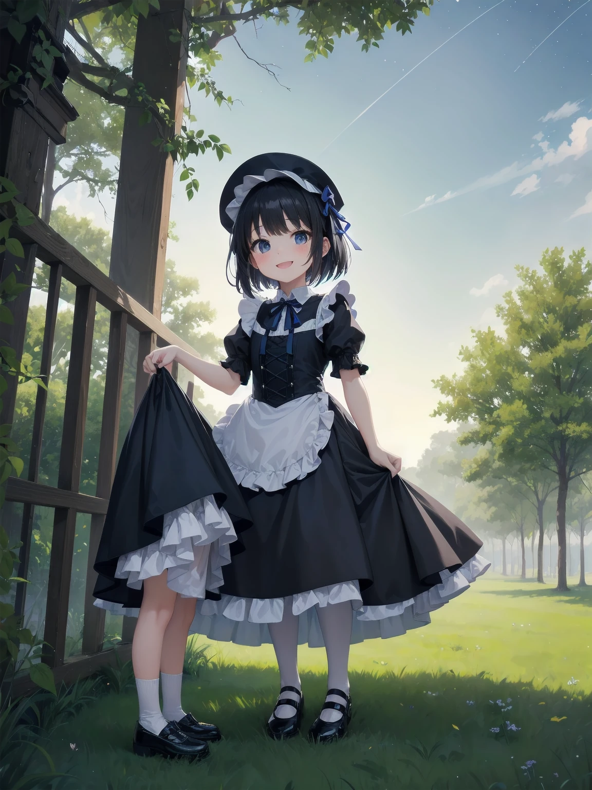 A serene outdoor scene unfolds at dusk, with a brilliant blue sky transitioning into a canvas of twinkling stars. A beautiful young girl, dressed in a stunning white and black gothic maid dress adorned with a navy blue ribbon, stands amidst lush green grass. Her companion, a delightful toddler, dons a charming maid hat with ruby accessories, complemented by black stockings and shoes. The little one beams with joy, smiling brightly as they gaze up at the celestial display together