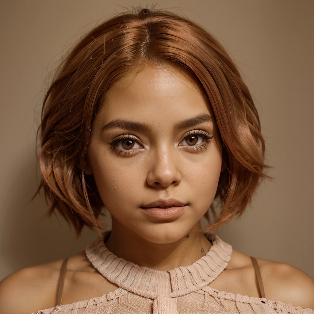 Make me a doll with light brown skin, with salmon pink hair and big brown eyes biggest