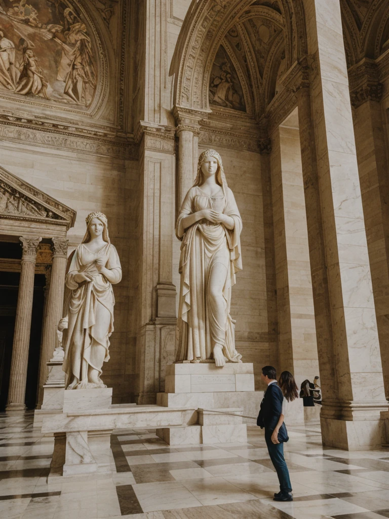 her name is Elle, high quality, 1girl, ((20-year-old fit Caucasian woman)), ((20 years old)), ((fit)), ((pale skin)), Beachy Waves dark hair , wearing Ivory Lace High-Neck Blouse + High-Waisted Wide-Leg Trousers, pose: standing, background: The grand halls of the Louvre are filled with masterpieces spanning centuries. Marble statues of Greek gods and Roman emperors line the corridors, their features illuminated by soft, ambient lighting. Tourists and art students alike stand in awe before the enigmatic smile of the Mona Lisa, while others ponder the dramatic brushstrokes of Delacroix's "Liberty Leading the People." The soft murmur of guided tours and the echo of footsteps on polished marble floors create a serene, almost reverent atmosphere. Through the tall windows, the gardens of the Tuileries are visible, their green tranquility contrasting with the bustling museum interior.