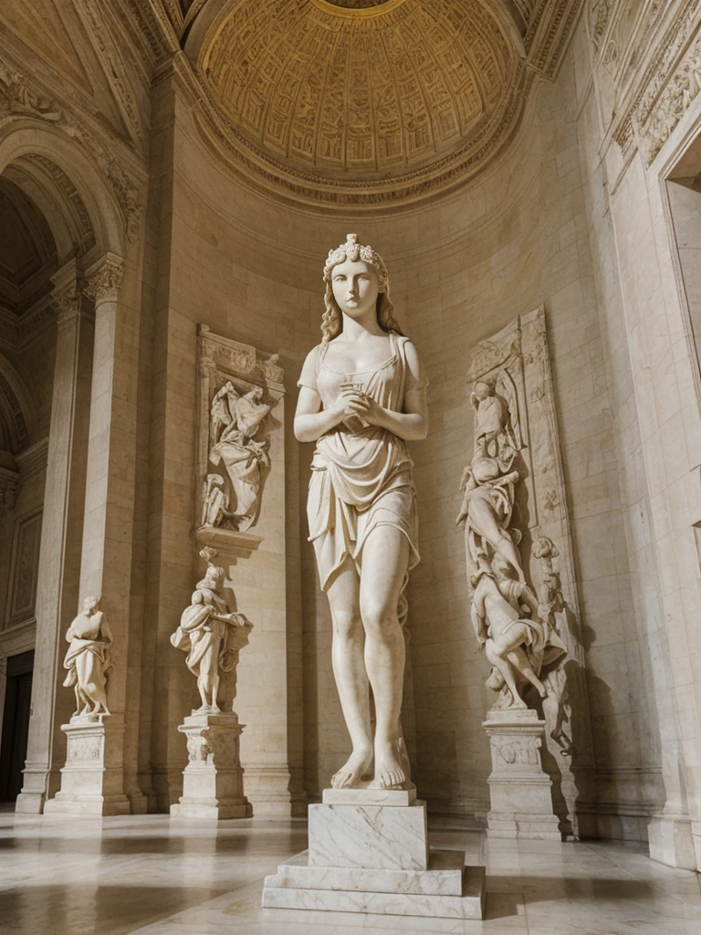 her name is Elle, high quality, 1girl, ((20-year-old fit Caucasian woman)), ((20 years old)), ((fit)), ((pale skin)), Beachy Waves dark hair , wearing Ivory Lace High-Neck Blouse + High-Waisted Wide-Leg Trousers, pose: standing, background: The grand halls of the Louvre are filled with masterpieces spanning centuries. Marble statues of Greek gods and Roman emperors line the corridors, their features illuminated by soft, ambient lighting. Tourists and art students alike stand in awe before the enigmatic smile of the Mona Lisa, while others ponder the dramatic brushstrokes of Delacroix's "Liberty Leading the People." The soft murmur of guided tours and the echo of footsteps on polished marble floors create a serene, almost reverent atmosphere. Through the tall windows, the gardens of the Tuileries are visible, their green tranquility contrasting with the bustling museum interior.