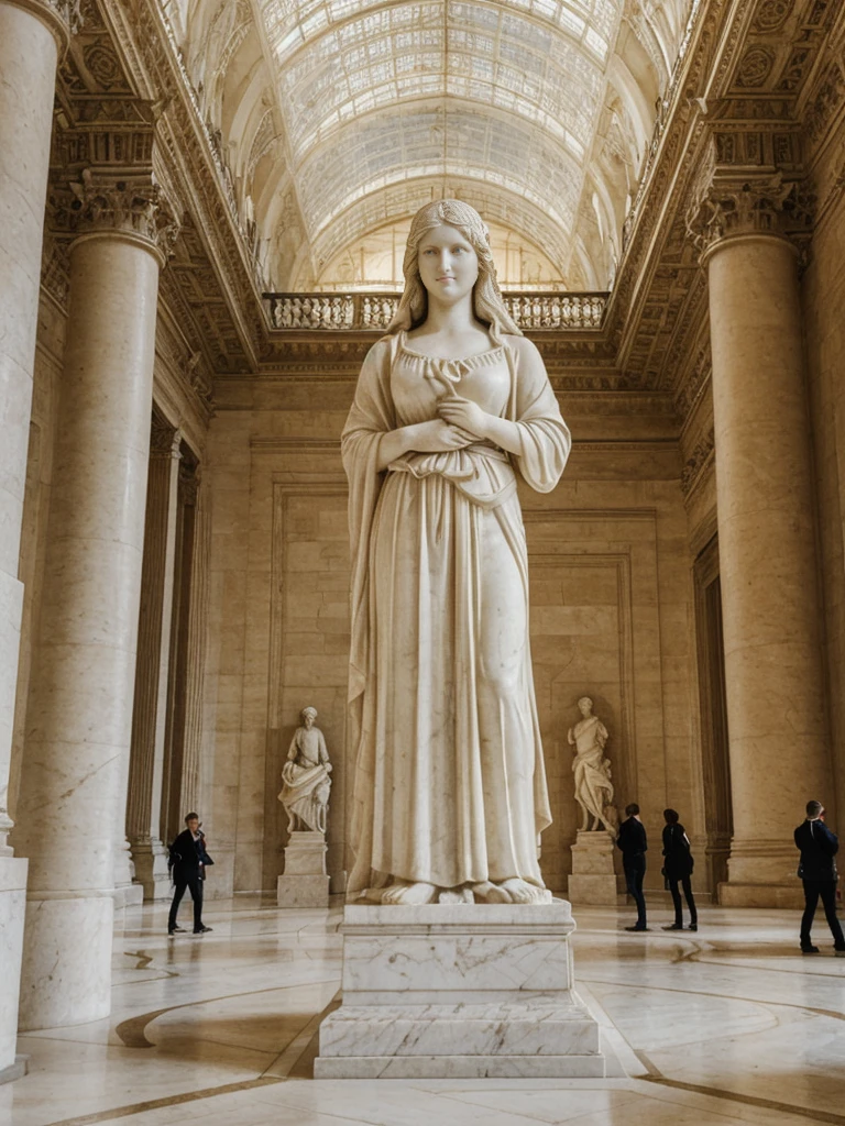 her name is Elle, high quality, 1girl, ((20-year-old fit Caucasian woman)), ((20 years old)), ((fit)), ((pale skin)), Beachy Waves dark hair , wearing Ivory Lace High-Neck Blouse + High-Waisted Wide-Leg Trousers, pose: standing, background: The grand halls of the Louvre are filled with masterpieces spanning centuries. Marble statues of Greek gods and Roman emperors line the corridors, their features illuminated by soft, ambient lighting. Tourists and art students alike stand in awe before the enigmatic smile of the Mona Lisa, while others ponder the dramatic brushstrokes of Delacroix's "Liberty Leading the People." The soft murmur of guided tours and the echo of footsteps on polished marble floors create a serene, almost reverent atmosphere. Through the tall windows, the gardens of the Tuileries are visible, their green tranquility contrasting with the bustling museum interior.
