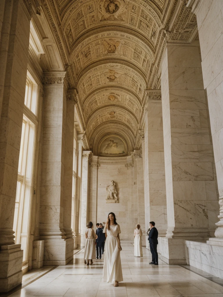 her name is Elle, high quality, 1girl, ((20-year-old fit Caucasian woman)), ((20 years old)), ((fit)), ((pale skin)), Beachy Waves dark hair , wearing Ivory Lace High-Neck Blouse + High-Waisted Wide-Leg Trousers, pose: standing, background: The grand halls of the Louvre are filled with masterpieces spanning centuries. Marble statues of Greek gods and Roman emperors line the corridors, their features illuminated by soft, ambient lighting. Tourists and art students alike stand in awe before the enigmatic smile of the Mona Lisa, while others ponder the dramatic brushstrokes of Delacroix's "Liberty Leading the People." The soft murmur of guided tours and the echo of footsteps on polished marble floors create a serene, almost reverent atmosphere. Through the tall windows, the gardens of the Tuileries are visible, their green tranquility contrasting with the bustling museum interior.