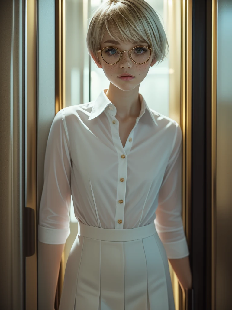 1girl, elegant bearing, small, slender build, short height, narrow shoulders, pale skin dotted by freckles, short platinum blonde hair, (((pixie cut hairstyle))), (((boyish hair))), (dark green eyes), silver glasses, cute facial features with an underlying elegance, thin lips, small breasts, youthful  girl, RAW photo, ((slim body: 1)), (HQ skin: 1.4), 8k uhd, soft light, high quality, ((school uniform, white dress shirt, gold accents, (looking at viewer:1.4), elevator
