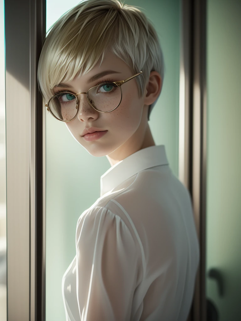 1girl, elegant bearing, small, slender build, short height, narrow shoulders, pale skin dotted by freckles, short platinum blonde hair, (((pixie cut hairstyle))), (((boyish hair))), (dark green eyes), silver glasses, cute facial features with an underlying elegance, thin lips, small breasts, youthful teen girl, RAW photo, ((slim body: 1)), (HQ skin: 1.4), 8k uhd, soft light, high quality, ((school uniform, white dress shirt, gold accents, (looking at viewer:1.4), elevator
