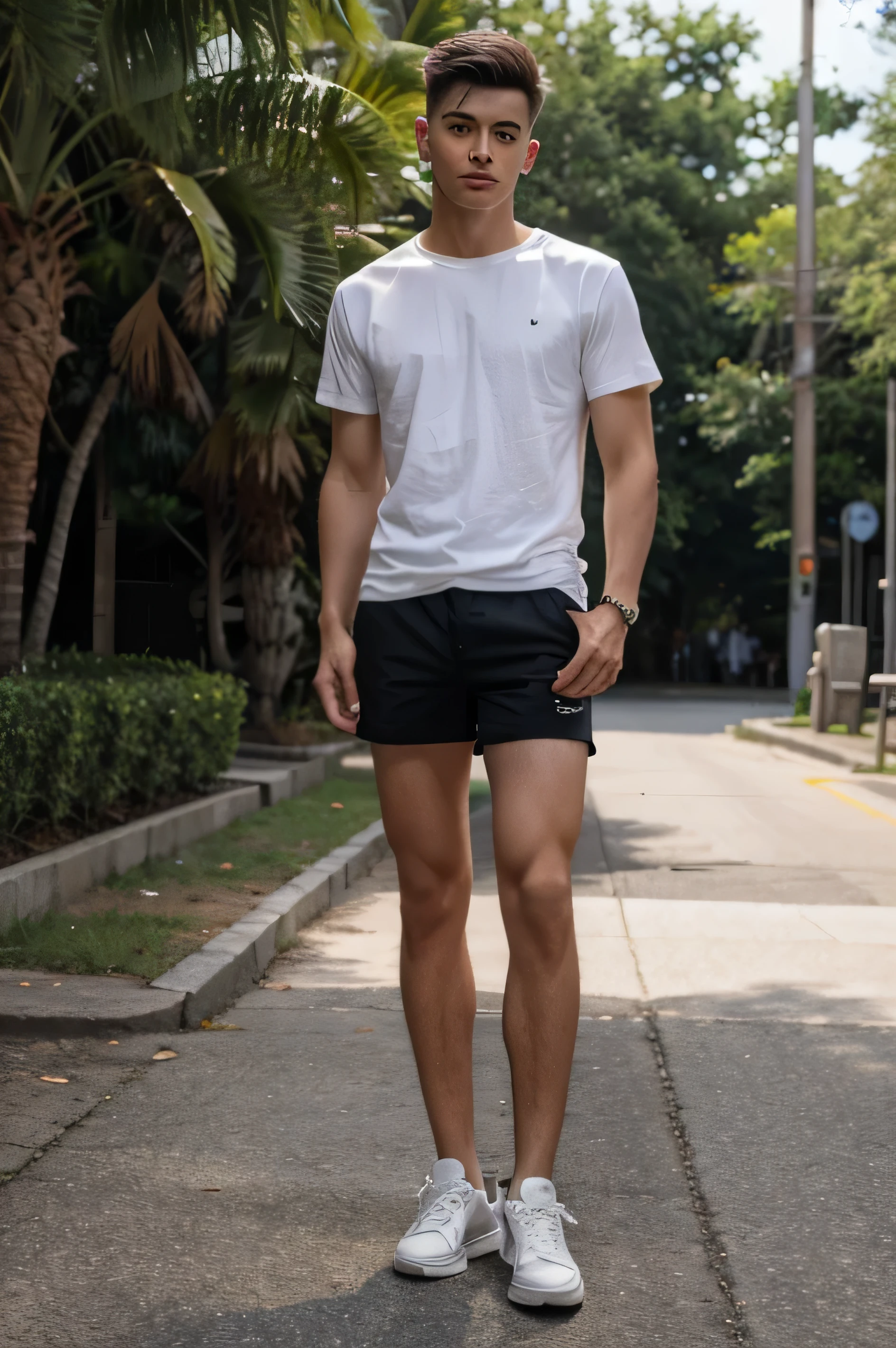 handsome guy, 25 years old, slim but defined, his hair has a mid fade military cut in dark brown, he is wearing short black shorts and a white t-shirt, and he is wearing white allstar sneakers, the photo shows him with a full body whole and is standing, in an environment well lit by the sun, his pose is very relaxed, his face is serious but with a lightness in his eyes and mouth.