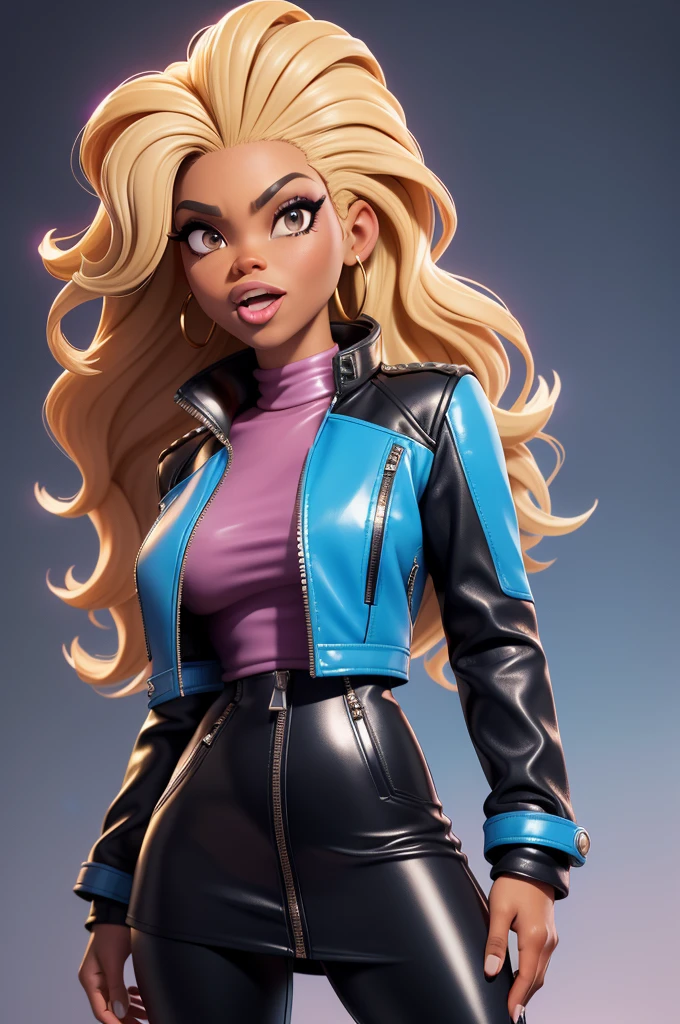 obra prima, melhor qualidade, ((only one woman,)) ((sunny hostin, dark skin, blonde afro mullet hair, open mouth,)) head back, (sassy wicked sultry sneer, big teeth smile,) open mouth, pucker mouth, sunglasses, thick smoky black eye shadow, long fake eyelashes, sticking tongue out, ((magenta leather jacket with puff shoulder,)) biker jacket has stiff collar, leather blouse, ((gold silver leather sweater dress, metallic leather sun dress, leather culottes,)) periwinkle blazer length leather coat, ((cerulean blue pvc skirt, pockets, zipper side,)) studs zippers snaps, shiny leather gloves, nip slip, body is skinny, shiny tight buttocks, arched back, camera view of whole body, looking up at me, shallow depth of field, highres, HD, 8k, anatomically correct