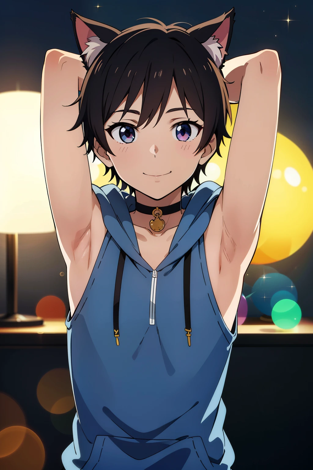 Highres, Masterpiece, Best quality at best,Best Quality,hight quality, hight detailed, Anime style, 1boy, Boy, Little boy, Shota, cat ear, Solo person, Sleeveless hoodie, Choker, Slim body, smile, Body, blurry background, (Seen from the front), The armpits of a 12 year old boy, Adorable little armpits, (Showing armpit:1.3), (very young boy), (very small and short body), Age 12,Uhd, bokeh