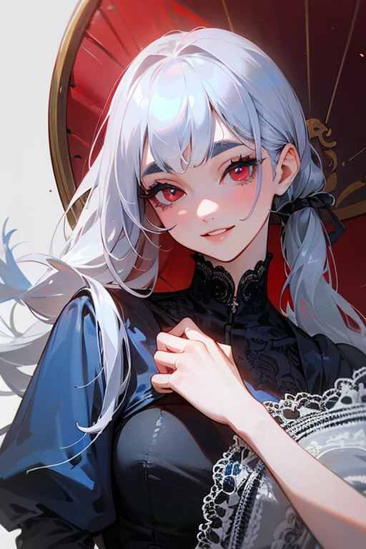 (Highest quality, masterpiece:1.2), (High resolution, 最高masterpiece).(difficult).Very detailed, Realistic:1.37, Fantasy, An illustration,Gray Hair、 Red eyes、Queen, Navy and blue dress、beautifully、Eyeshadow Red、Thick eyebrows、Long eyelashes、pupils are black、shiny on the lips、Top Sites、Queen、Princess、A kind smile、Show your teeth a little and smile、Soft impression、people々々Loved by、Slimming the face、Shoulder Bare、ponytail、Kissing Face、Long white hair、Shaggy Bangs、Save face image、Lace Underwear、、