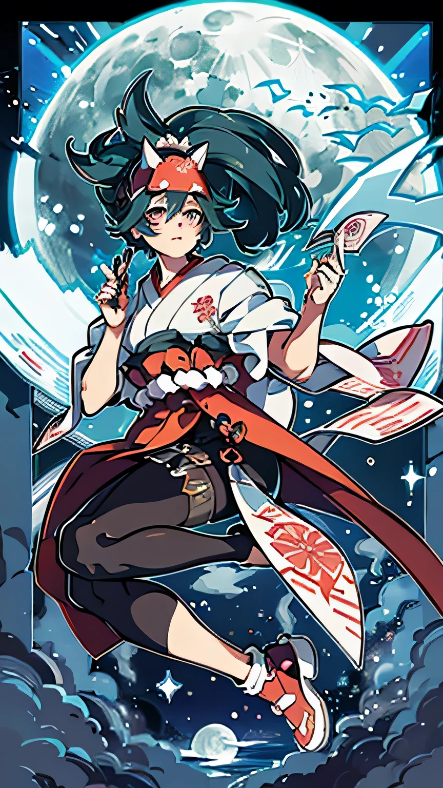 Highest quality、Beauty、Holding a kunai、Perfect Face、Perfect Lips、Double eyelids、Perfect body、kimono、There is a full moon in the night sky、His eyes are shining blue