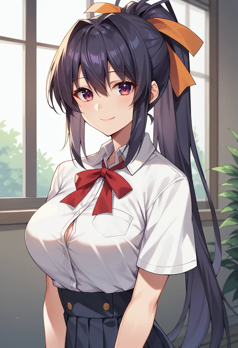 sysdeep_akeno, 1girl, solo, long_hair, looking_at_viewer, smile, large_breasts, shirt, black_hair, ribbon, hair_between_eyes, very_long_hair, school_uniform, purple_eyes, hair_ribbon, white_shirt, ponytail, short_sleeves, indoors, neck_ribbon, high_ponytail, v_arms, orange_ribbon,  