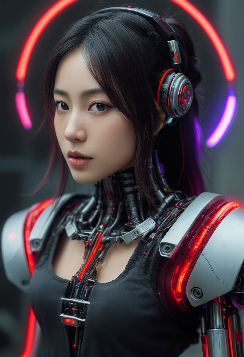 xxmixgirl. Highly detailed professional 35mm film, bokeh, face in sharp focus. A robotic female, Miku, with ((metal skin)), ((perfect Asian eyes)) with magenta irises and ((black pupils)), beautiful serious (detailed face), 18 year old ((photorealistic face)), very long magenta twin tails of magenta hair, twin black hair ties with a single red stripe. She may have a black audio headpiece. We can see her ((full body)) down to her boot soles. Her outfit is a sleeveless collared light grey shirt, outlined in red around the frilled collar and hems. Shiny reflective ((metallic breast cups, dimpleless)), invisible nipples. She wears black sleeves with red hems that start around her upper arm and bellow out as the sleeves open and extend to her wrists, with wide trumpet red rimmed cuffs. She has perfect robotic (detailed hands). She wears a red colored tie with two horizontal solid parallel black lines halfway across. She wears a fabric black skirt with a horizontal red hem at the bottom all the way around; her (((black skirt wraps around her))) and ((her skirt completely covers)) her robotic waist and thighs. Tall black boots with red bottom soles, a red rim around the top at her thighs. Her mechanical shoulder joints are visible. We can see her robotic legs and robotic neck. Half of her is covered with shiny polished machinery. The background is a distant dark neon futuristic Japanese city, gold, cyan, violet neon, near harbor or mountains.
