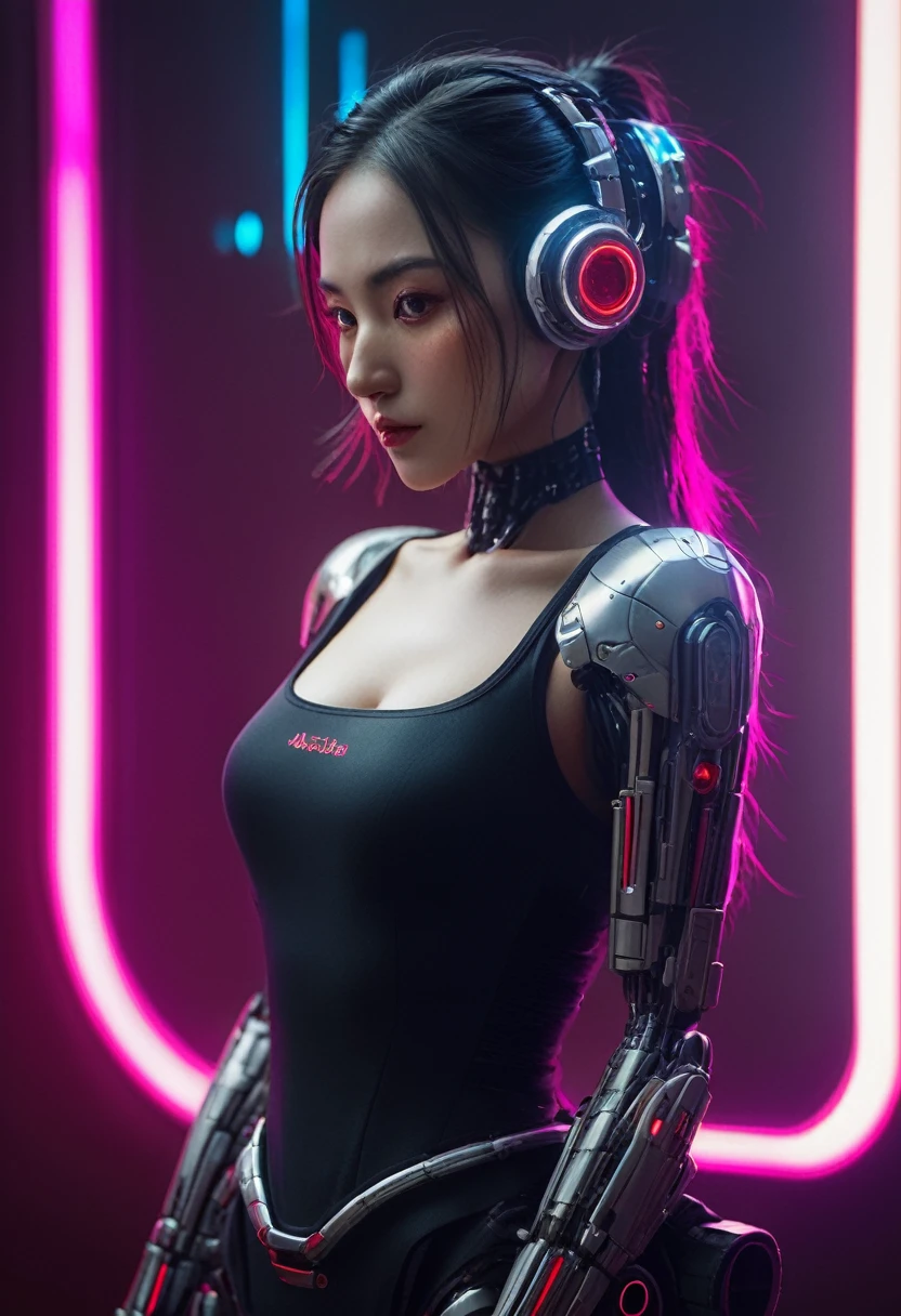 xxmixgirl. Highly detailed professional 35mm film, bokeh, face in sharp focus. A robotic female, Miku, with ((metal skin)), ((perfect Asian eyes)) with magenta irises and ((black pupils)), beautiful serious (detailed face), 18 year old ((photorealistic face)), very long magenta twin tails of magenta hair, twin black hair ties with a single red stripe. She may have a black audio headpiece. We can see her ((full body)) down to her boot soles. Her outfit is a sleeveless collared light grey shirt, outlined in red around the frilled collar and hems. Shiny reflective ((metallic breast cups, dimpleless)), invisible nipples. She wears black sleeves with red hems that start around her upper arm and bellow out as the sleeves open and extend to her wrists, with wide trumpet red rimmed cuffs. She has perfect robotic (detailed hands). She wears a red colored tie with two horizontal solid parallel black lines halfway across. She wears a fabric black skirt with a horizontal red hem at the bottom all the way around; her (((black skirt wraps around her))) and ((her skirt completely covers)) her robotic waist and thighs. Tall black boots with red bottom soles, a red rim around the top at her thighs. Her mechanical shoulder joints are visible. We can see her robotic legs and robotic neck. Half of her is covered with shiny polished machinery. The background is a distant dark neon futuristic Japanese city, gold, cyan, violet neon, near harbor or mountains.