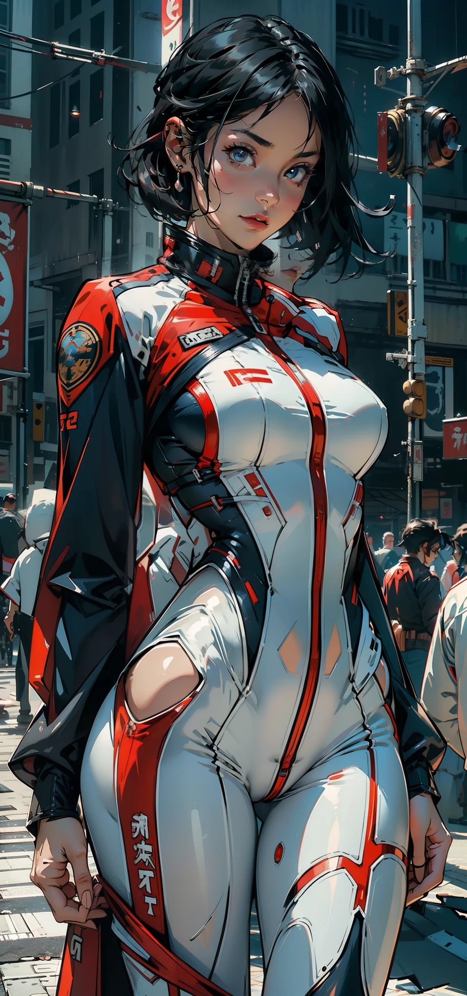 1female，41 years old，熟妇，A MILF，mature，plumw，extremely large bosom ，Pornographic exposure， 独奏，（Background with：stadio） She has short black hair，bobo head，Station，seen from the front， hair straight， mostly cloudy sky，（（（tmasterpiece），（Very detailed CG unity 8K wallpaper），best qualtiy，cinmatic lighting，detailed back ground，beatiful detailed eyes，Bright pupils，（Very fine and beautiful），（Beautiful and detailed eye description），ultra - detailed，tmasterpiece，）），facing at camera，A high resolution，ultra - detailed），revealing breasts，Bare genitalia，  Bulge，legs are open，Raised sexy，Camel toes，Flushed complexion，Open-mouthed，frontage，Chinese Air Force，Aviator，（Wearing：Track and field suits，White pantyhose，Blue and red color scheme）spiderman uniform