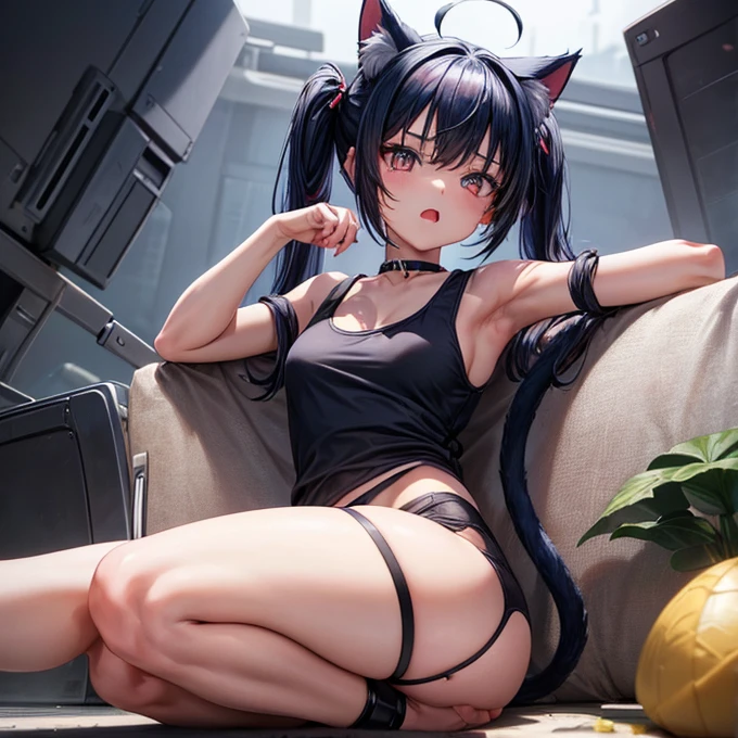 masterpiece,One girl,alone ,Heart-shaped pupils,Open your mouth,hoodie,,  Static Restraints,　Dark blue hair girl, Cat ears and tail, Wearing a tank top and racing pants.　Loli body type　　Twin tails　Female genitalia is visible　　Detailed depiction of female genitalia　Flat Chest　Stern expression　With legs apart