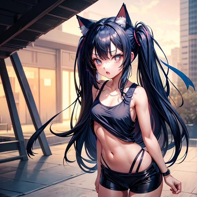 masterpiece,One girl,alone ,Heart-shaped pupils,Open your mouth,hoodie,,  Static Restraints,　Dark blue hair girl, Cat ears and tail, Wearing a tank top and racing pants.　Loli body type　　Twin tails　Female genitalia is visible　　Detailed depiction of female genitalia　Flat Chest　Stern expression　With legs apart