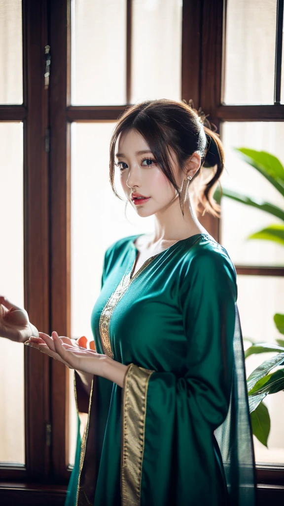 (((HD photo))), ultra high res.photorealistic:. 1.4, UHD1 girl,beautiful detailed eyes,beautiful detailed lips,extremely detailed face,long eyelashes,medium:oil painting,soft lighting,impressionistic style, gradient colors,beautifully shalwar kameez dressed,wistful expression,standing with one hand on the window frame,gentle breeze blowing her hair,warm sunlight streaming through the window,green plants visible outside the window,soft curtains framing the girl,peaceful atmosphere,serene and tranquil ambiance, ponytail hair
