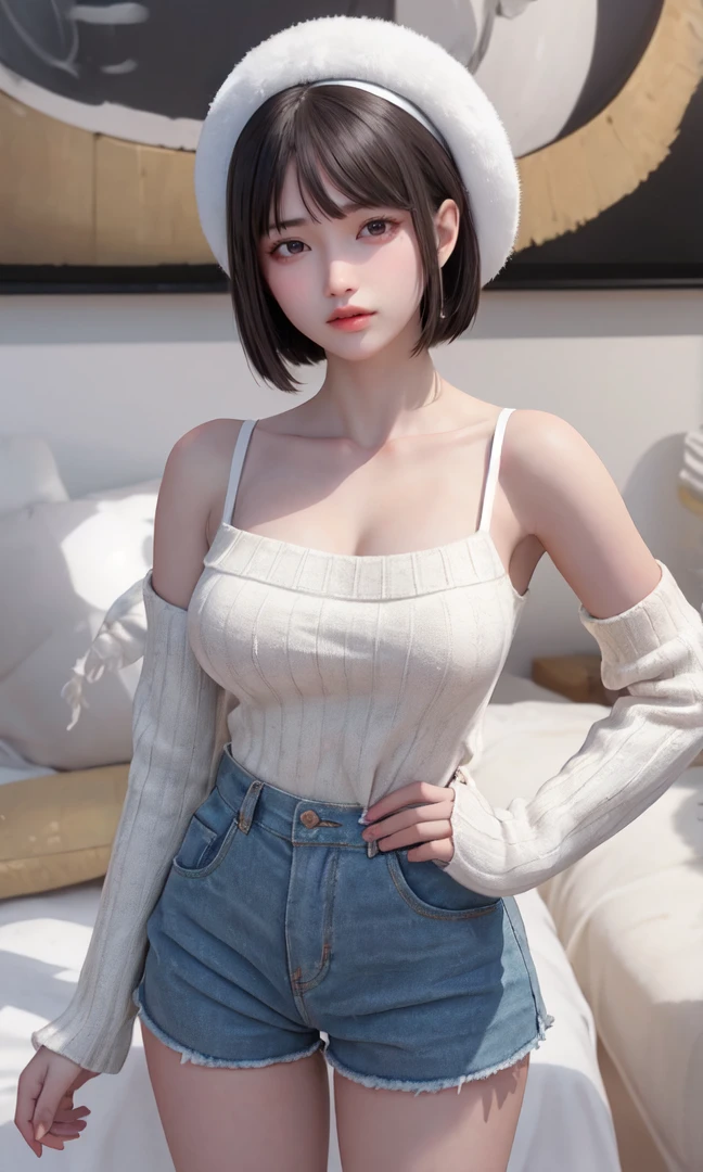 (), big ,(masterpiece), best quality, extremely detailed, (watercolor), bloom, delicate and beautiful, illustration, (from below),(1girl:1.4), (solo:1.2), large breasts, (ribbed sweater:1.3), off-shoulder sweater, (short shorts:1.2), bare shoulders, (underboob), ((dark skin:0.8)), beautiful eyes, (disheveled hair ), photography, over-the-shoulder shot, by Alex Maleev, professional, canon camera, nikon camera, sharp, bokeh, studio quality, fisheye lens, by Robert Capa ,