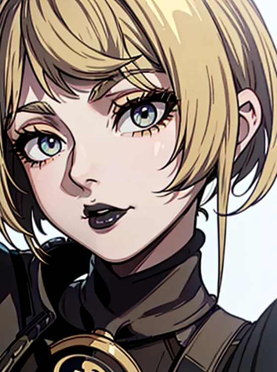 a close up of a woman with a black dress and black lipstick, blonde hime cut hair, with short hair, 1 7 - year - old anime goth girl, short pigtails hair, white hime cut hairstyle, sui ishida with blonde hair, with short hair with bangs, short blonde hair with bangs, short blonde hair, japanese gothic, blonde short hai