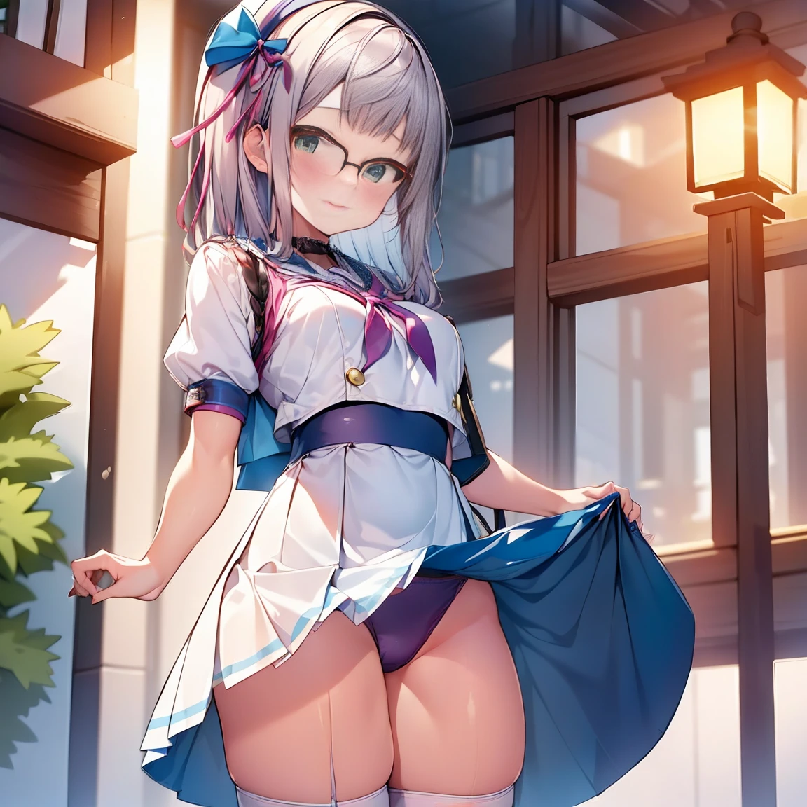 8K、masterpiece、Japanese、Woman wearing glasses、Neon(nod)、from the front、smile、Childish、Small breasts、See-through underwear、night、Bedroom、Show your underwear、mini skirt