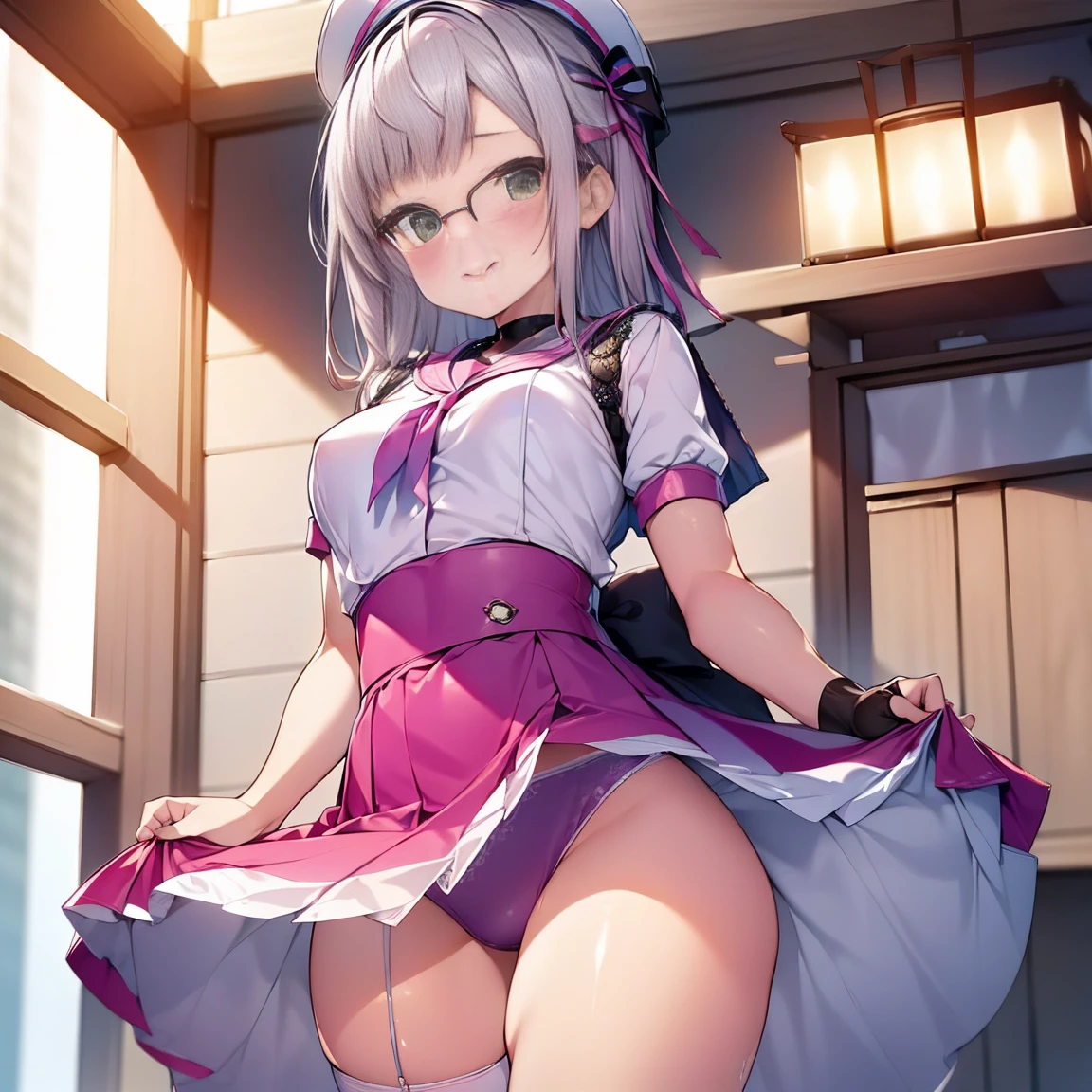 8K、masterpiece、Japanese、Woman wearing glasses、Neon(nod)、from the front、smile、Childish、Small breasts、See-through underwear、night、Bedroom、Show your underwear、mini skirt