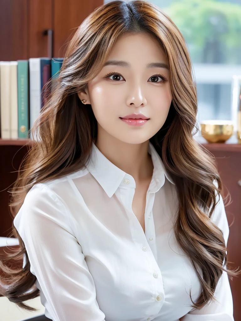 {2.5D art style} Han Julie is a young Korean woman in her 30s. Her hair is long and wavy in a dark blonde colors.
Her face is oval and marked by her large brown eyes, which carry a cold, unexpressive face. Her skin is radiant and clear, presenting an impeccable state of health and her curved lips.
Her height is medium, her body athletic and defined, with the most charming and provocative. It contrasts and matches their personalities.
She is in her office at the company wearing a navy jeans and white shirt.