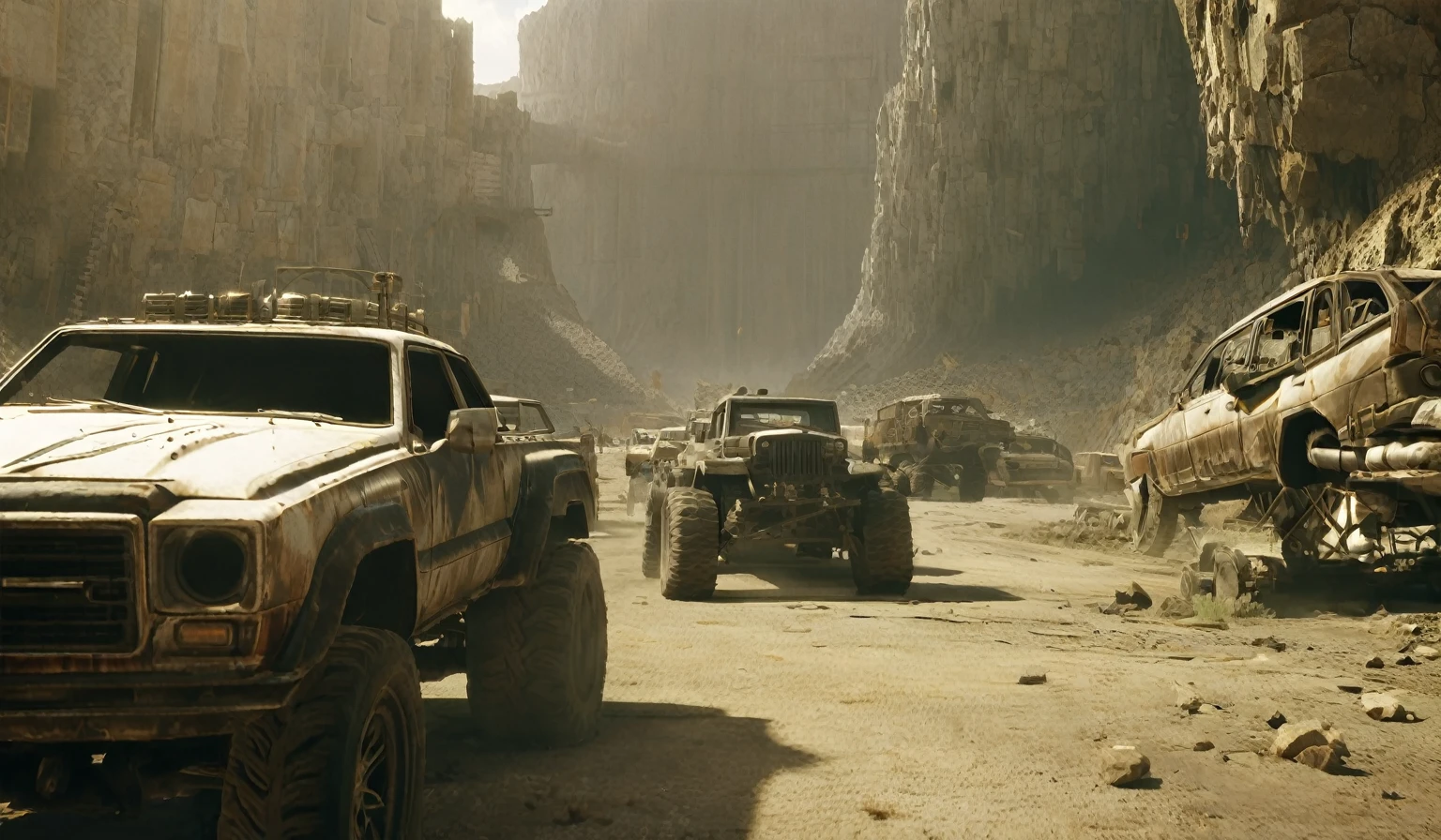 (Increase Contrast),Breathtaking graphics from the Attack on Titan universe, shooting various epic empty tracks for racing along rocky abandoned industrial post-apocalyptic roads on small cars from Mad Max against the backdrop of abandoned buildings and rocky terrain near industrial enterprises, creating an impression, that orcs live in this place,  breathtaking scenery, and impressive lighting effects, that create impressive visual experiences, cars eat very far, (((route through abandoned orc caves))), (orc huts) , Skull in the foreground , ((fallen building)) 