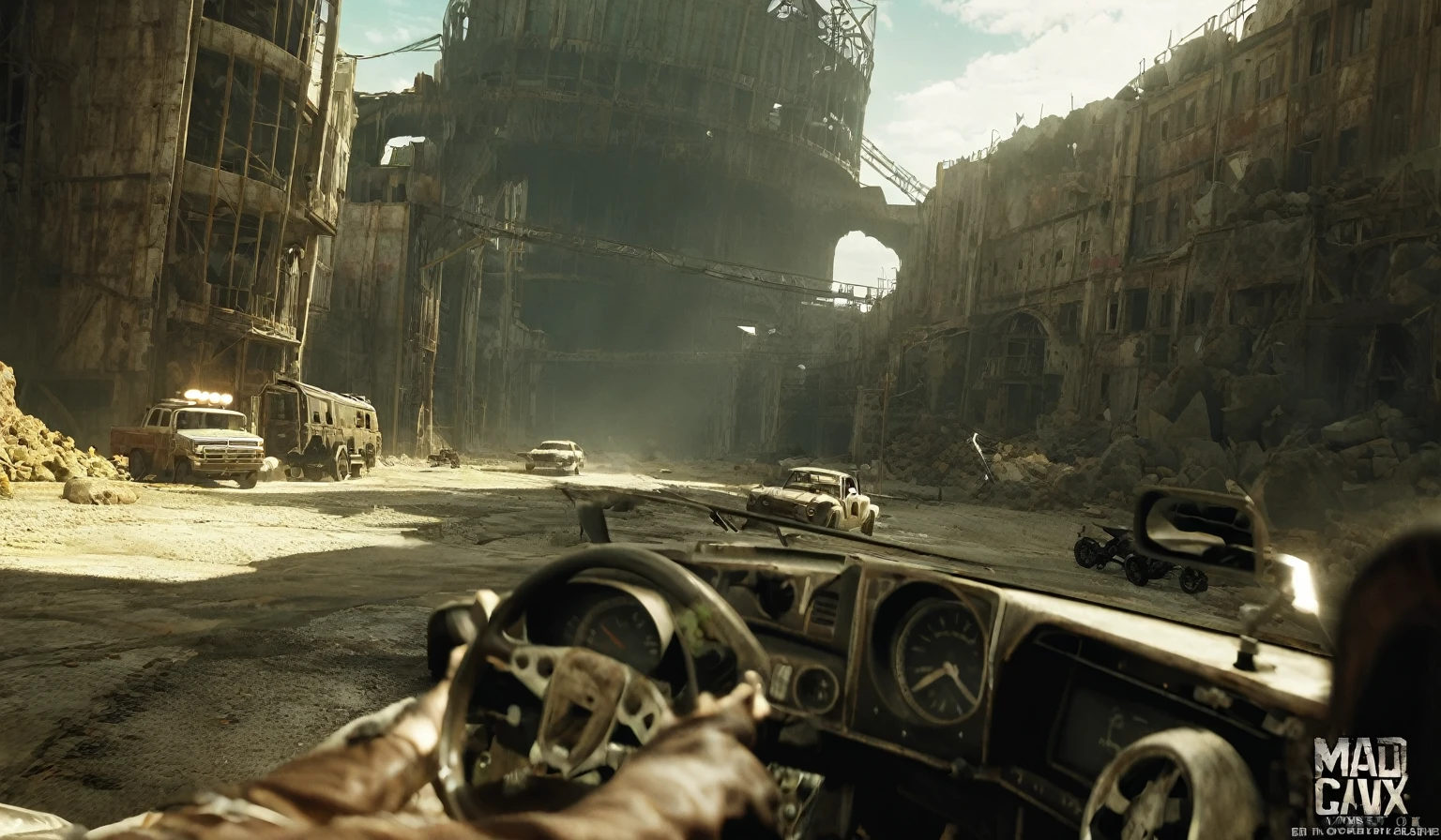 (Increase Contrast),Breathtaking graphics from the Attack on Titan universe, shooting various epic empty tracks for racing along rocky abandoned industrial post-apocalyptic roads on small cars from Mad Max against the backdrop of abandoned buildings and rocky terrain near industrial enterprises, creating an impression, that orcs live in this place,  breathtaking scenery, and impressive lighting effects, that create impressive visual experiences, cars eat very far, (((route through abandoned orc caves))), (orc huts) , Skull in the foreground , ((fallen building)) 