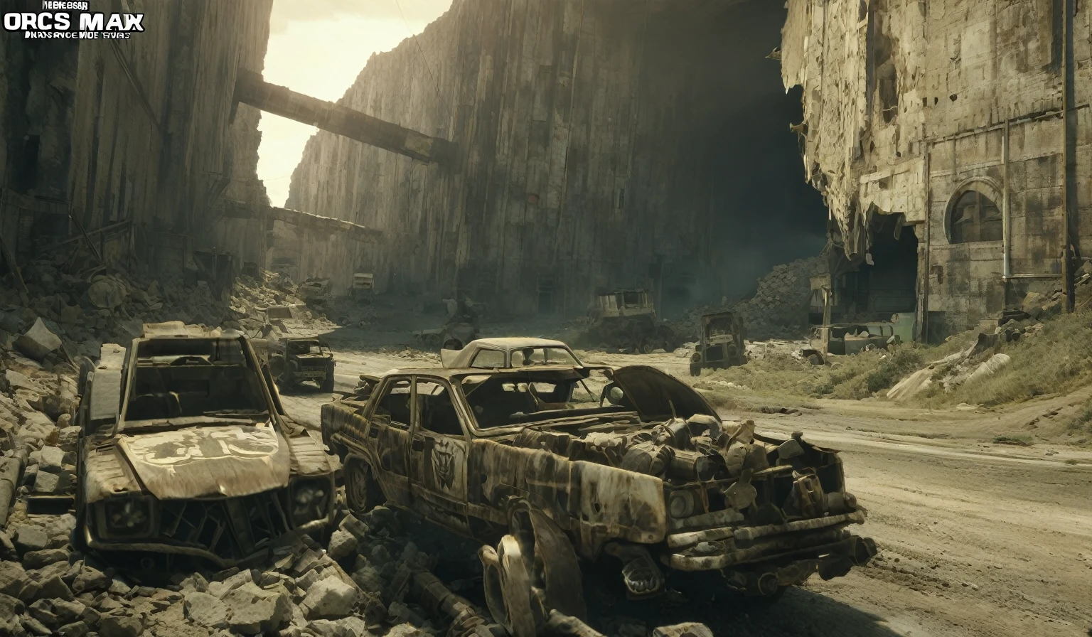 (Increase Contrast),Breathtaking graphics from the Attack on Titan universe, shooting various epic empty tracks for racing along rocky abandoned industrial post-apocalyptic roads on small cars from Mad Max against the backdrop of abandoned buildings and rocky terrain near industrial enterprises, creating an impression, that orcs live in this place,  breathtaking scenery, and impressive lighting effects, that create impressive visual experiences, cars eat very far, (((route through abandoned orc caves))), (orc huts) , Skull in the foreground , ((fallen building)) 