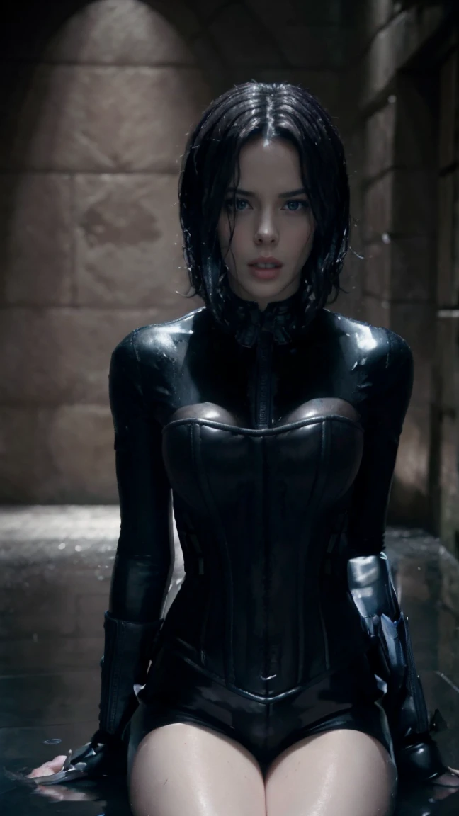 (masterpiece), best quality, expressive eyes, perfect face, underworld death dealer, underworld, Zipper, latex bodysuit, black hair, vampire fang, HD, sitting, leather corset, blue eyes, Kate beckinsale, British, gun, legs, wet, holster, leather boots, selfie, sweating slime, gloves, pink nipples, five fingers 