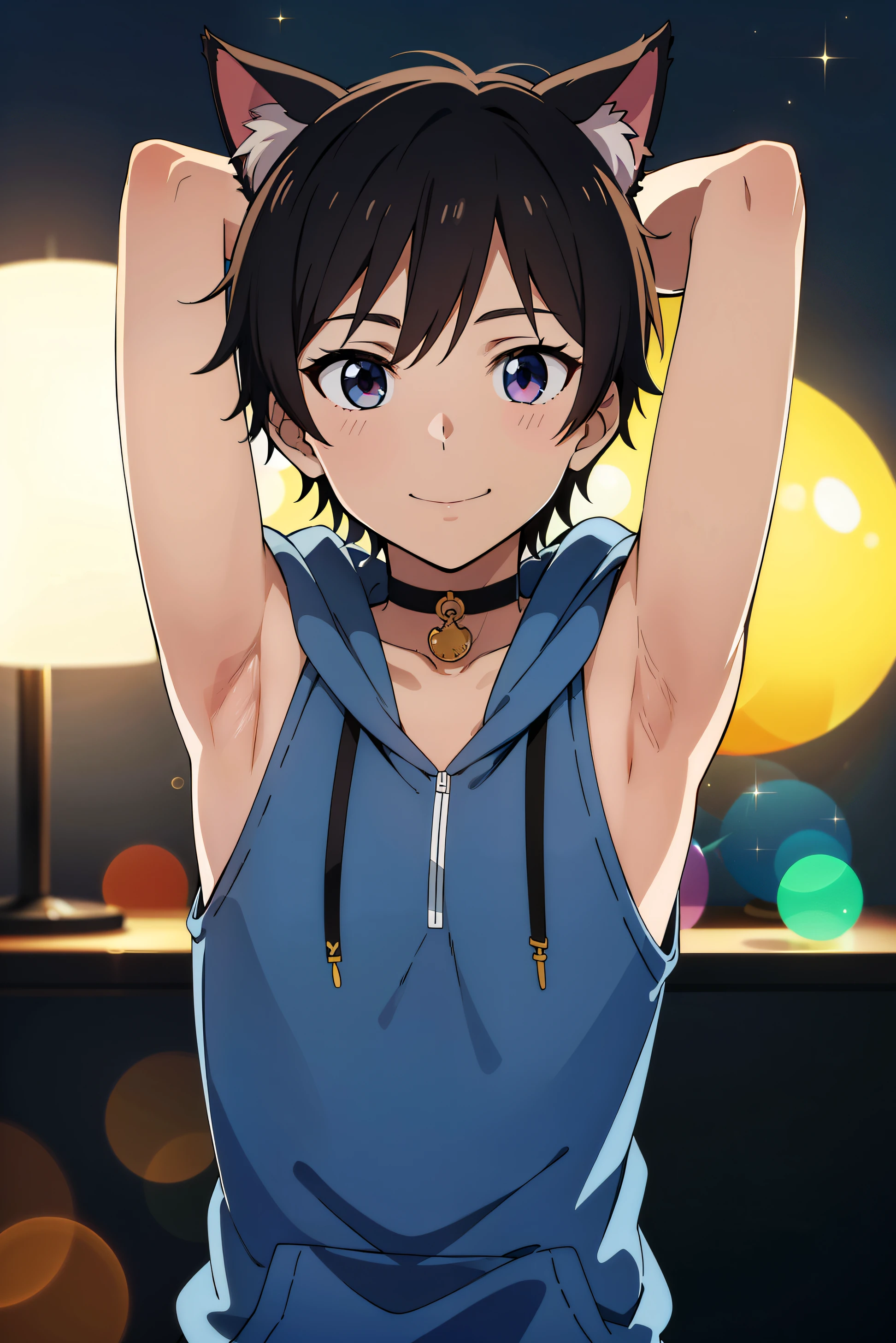 Highres, Masterpiece, Best quality at best,Best Quality,hight quality, hight detailed, 1boy, Boy, Teenage boy, Fluffy hair, Side bangs, Solo person, Sleeveless hoodie, Croptop, Navel, Choker, Glove, Under-eye piercing, Navel piercing, Earrings, Belt, Collarbone, Depth of field, Anime screencap style, thin line, Seductive pose, open mouth,Seen from the front, Little sweat, Kpop, Cute boy, Slim body, 15-year-old boys, Blurry and simple beckground, bokeh, Uhd