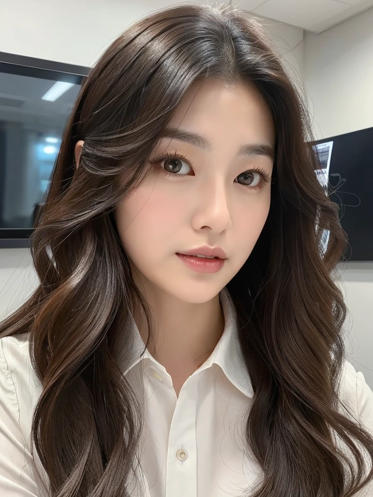 {2.5D art style} Han Julie is a young Korean woman in her 30s. Her hair is long and wavy in a dark colors.
Her face is oval and marked by her large brown eyes, which carry a cold, unexpressive face. Her skin is radiant and clear, presenting an impeccable state of health and her curved lips.
Her height is medium, her body athletic and defined, with the most charming and provocative. It contrasts and matches their personalities.
She is in her office at the company wearing a navy jeans and white shirt.
